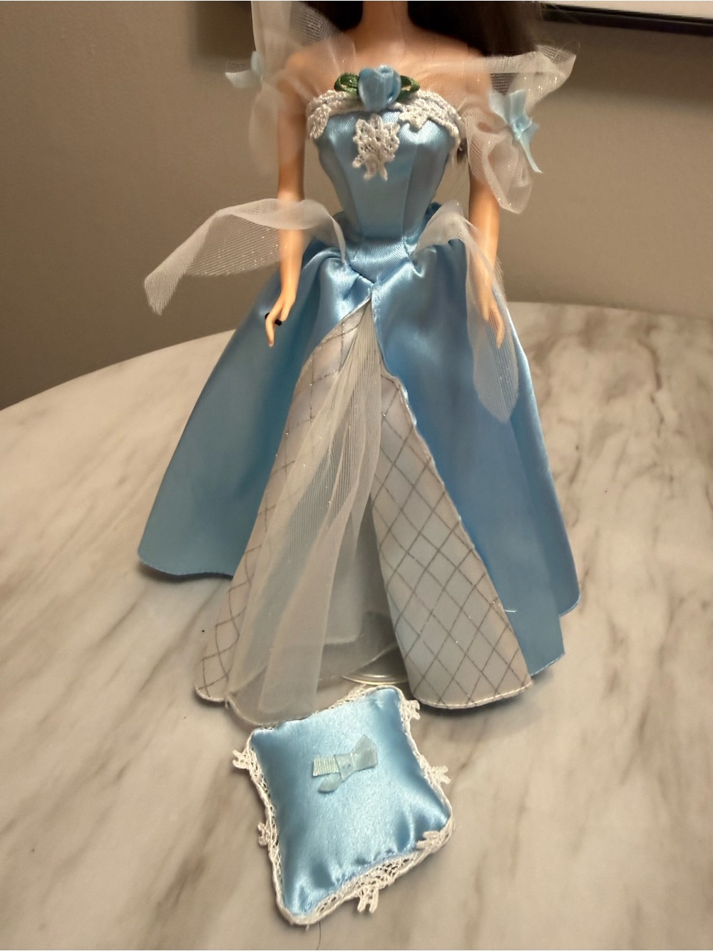 Barbie Mattel satin Light Blue and white Dress w/ matching Pillow wedding Party